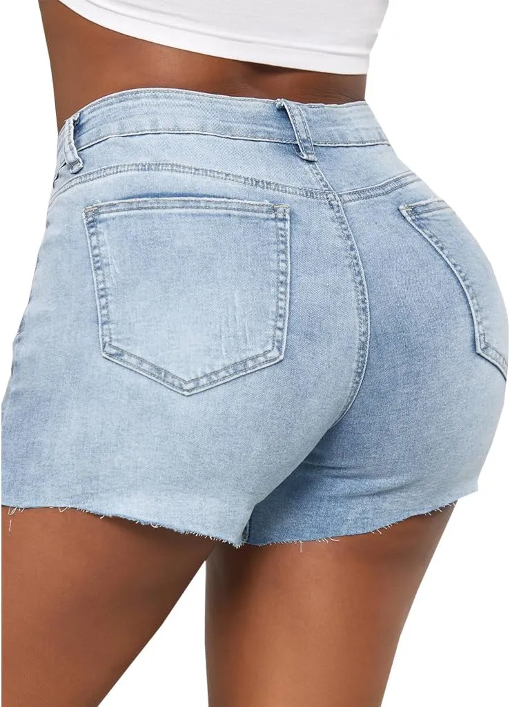 JTNFairy Women Casual High Waisted Denim Shorts Frayed Raw Hem Ripped Jeans Shorts