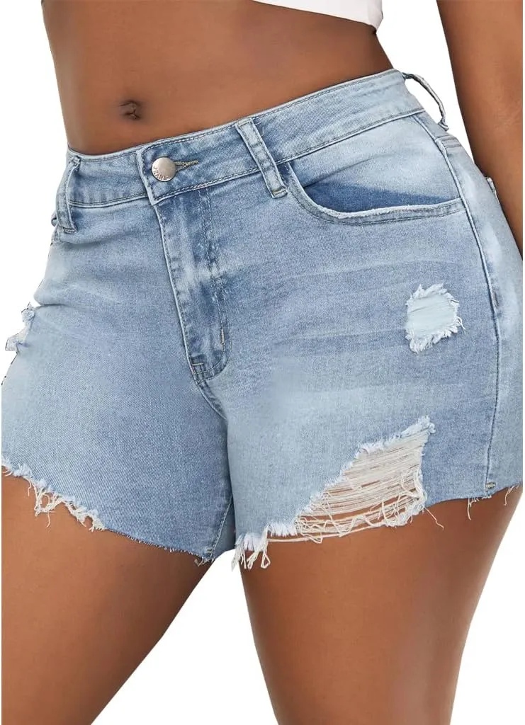 JTNFairy Women Casual High Waisted Denim Shorts Frayed Raw Hem Ripped Jeans Shorts