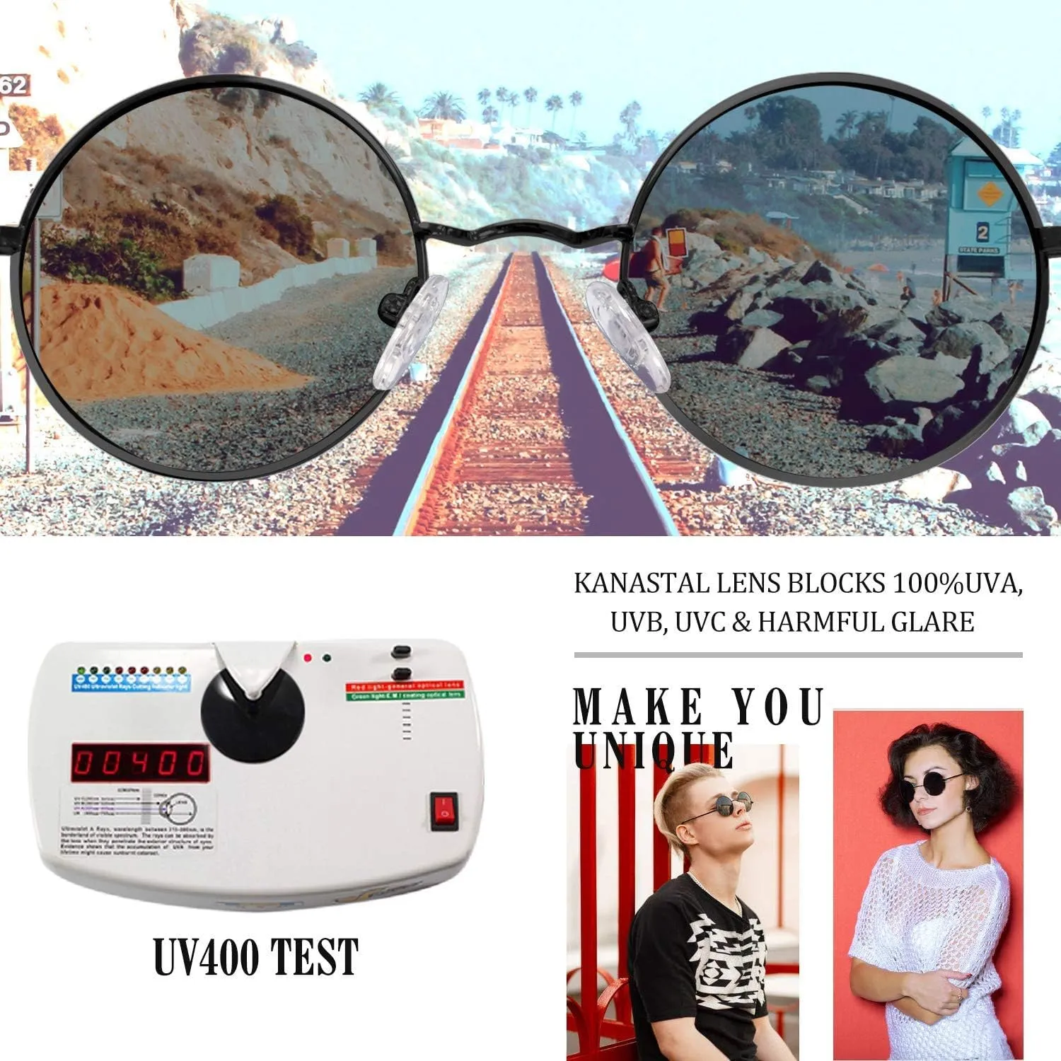 KANASTAL Round Sunglasses for Women Men Polarized Circle Sun Glasses UV400 Halloween Cosplay Shades 2 Pack