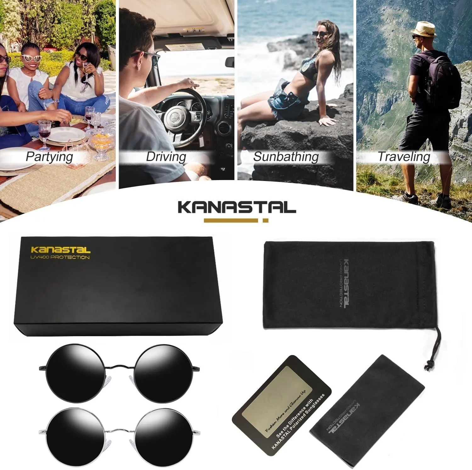 KANASTAL Round Sunglasses for Women Men Polarized Circle Sun Glasses UV400 Halloween Cosplay Shades 2 Pack