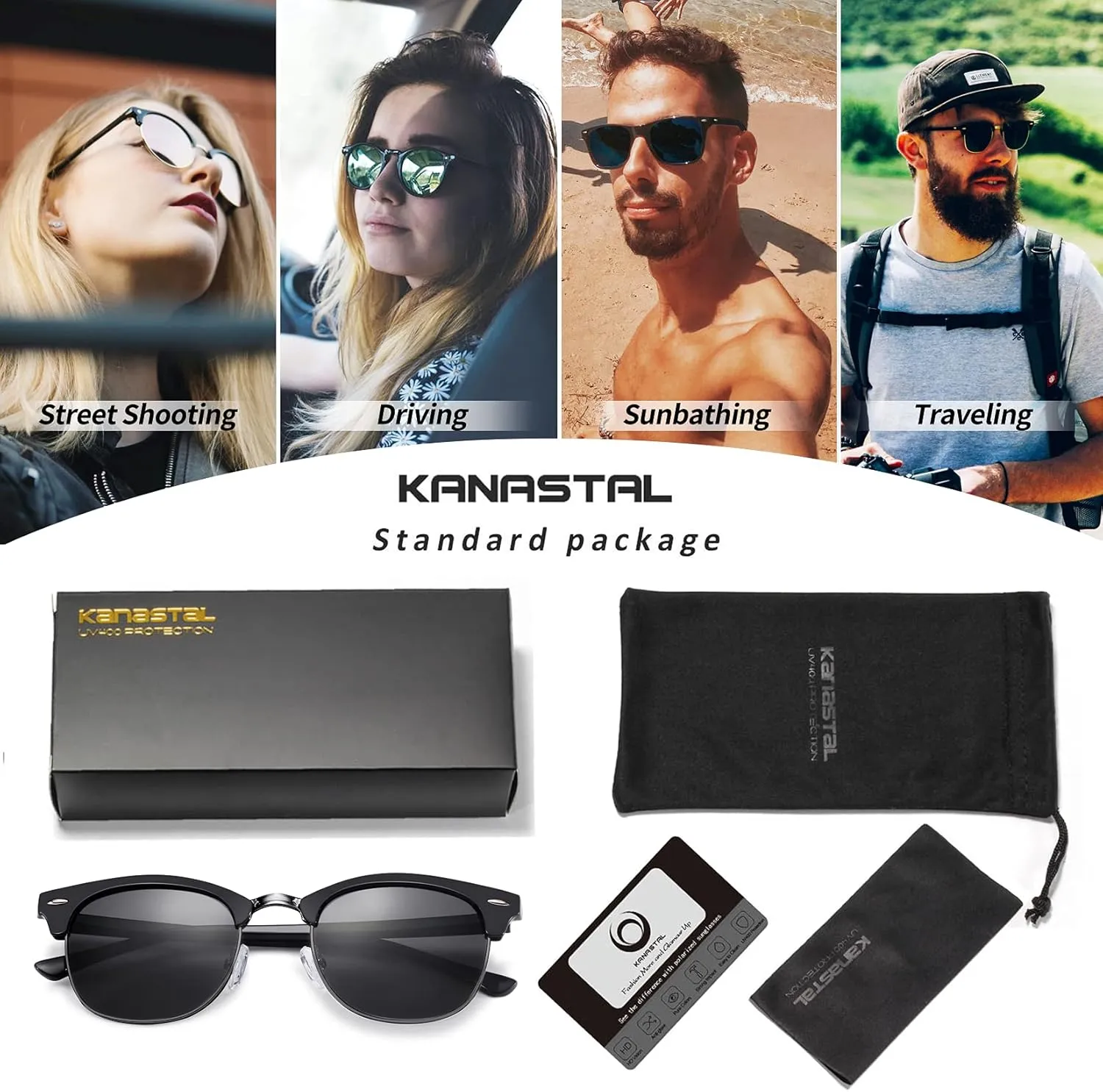 KANASTAL Semi Rimless Polarised Sunglasses Men Women Classic Horn Rimmed Frame UV400 Half Frame Shades