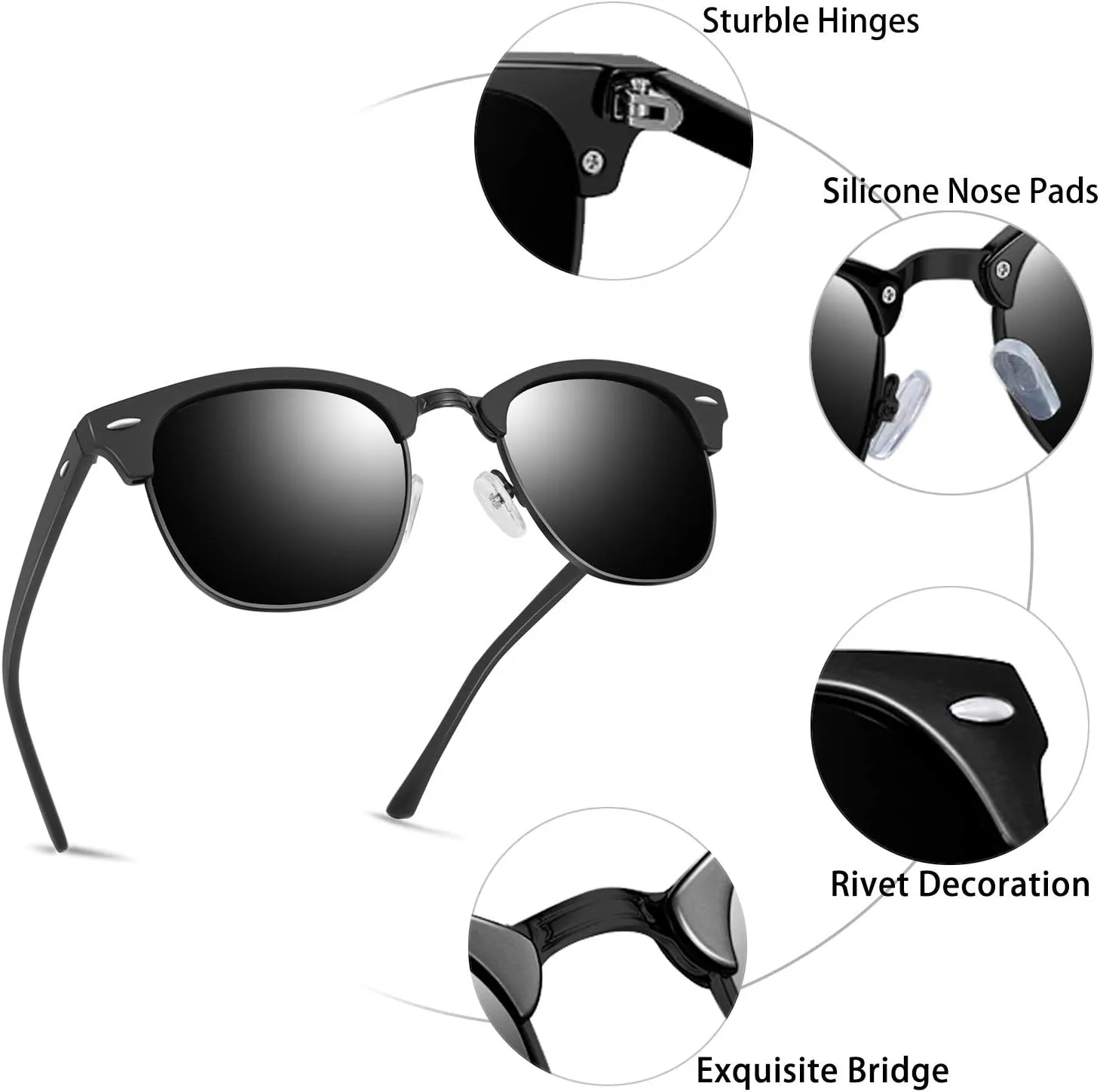 KANASTAL Semi Rimless Polarised Sunglasses Men Women Classic Horn Rimmed Frame UV400 Half Frame Shades