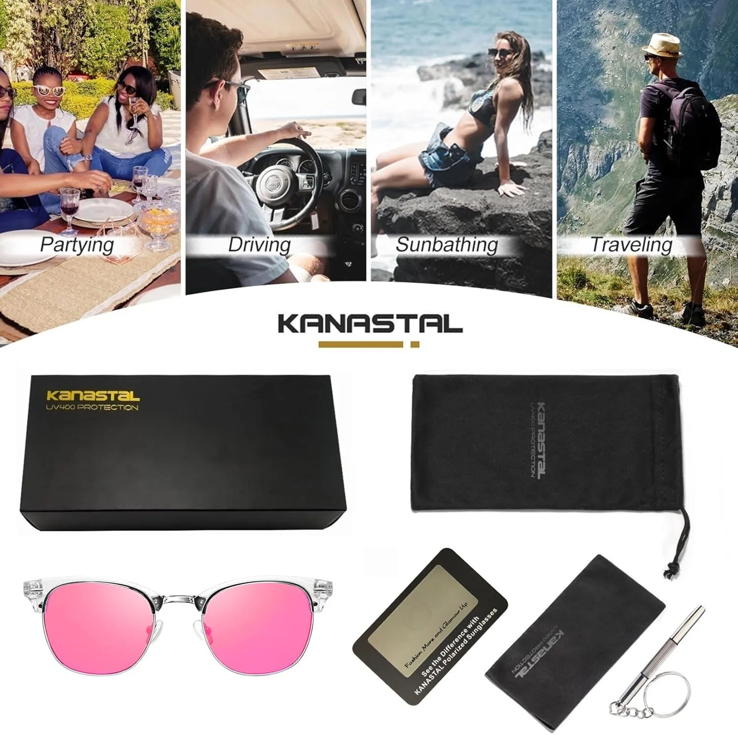 KANASTAL Semi Rimless Polarised Sunglasses Men Women Classic Horn Rimmed Frame UV400 Half Frame Shades