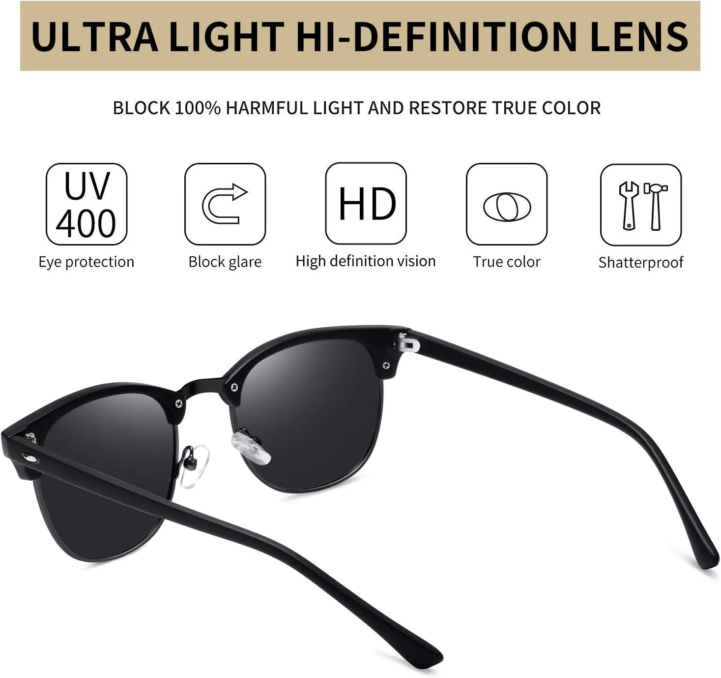 KANASTAL Semi Rimless Polarised Sunglasses Men Women Classic Horn Rimmed Frame UV400 Half Frame Shades