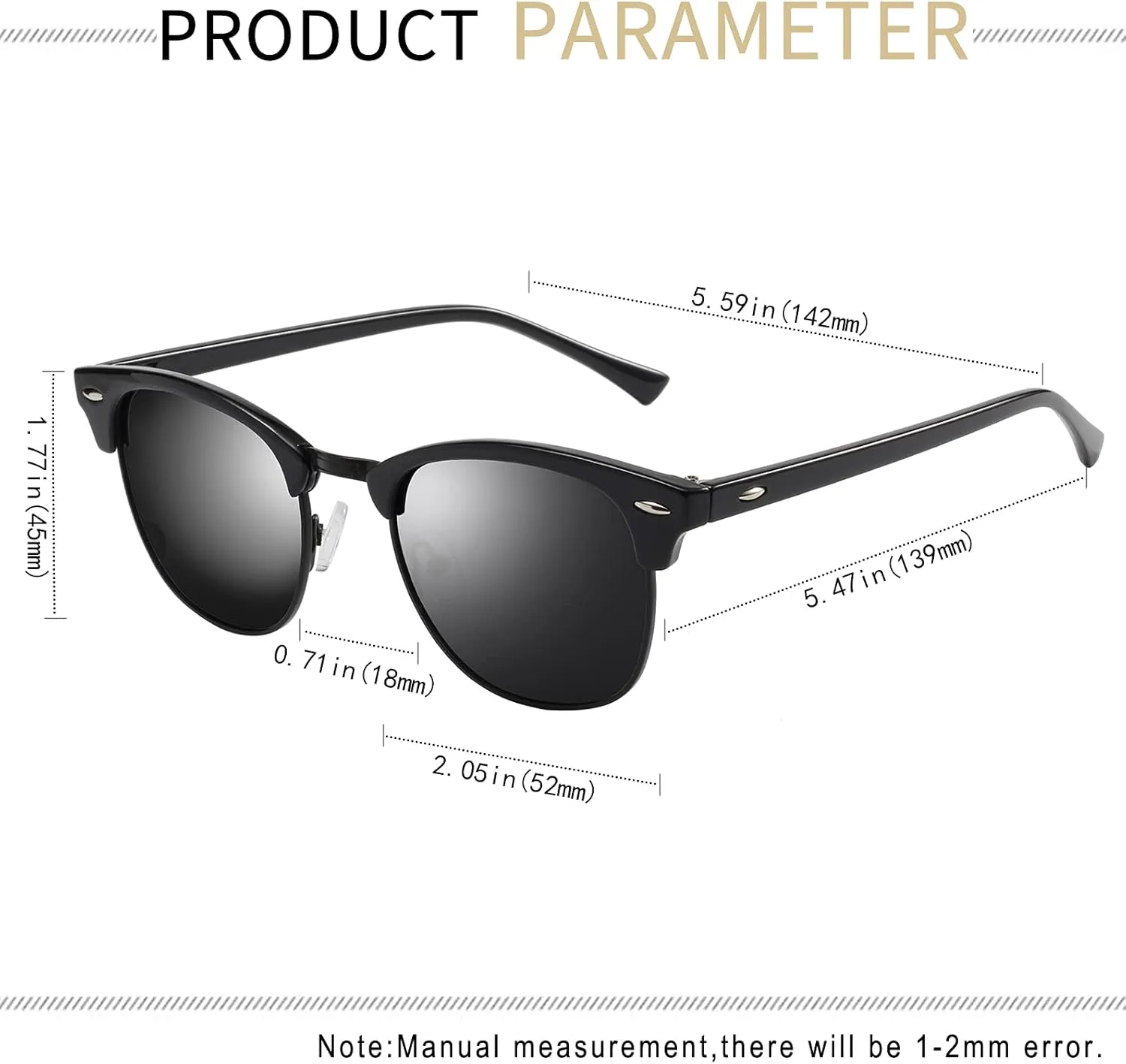 KANASTAL Semi Rimless Polarised Sunglasses Men Women Classic Horn Rimmed Frame UV400 Half Frame Shades
