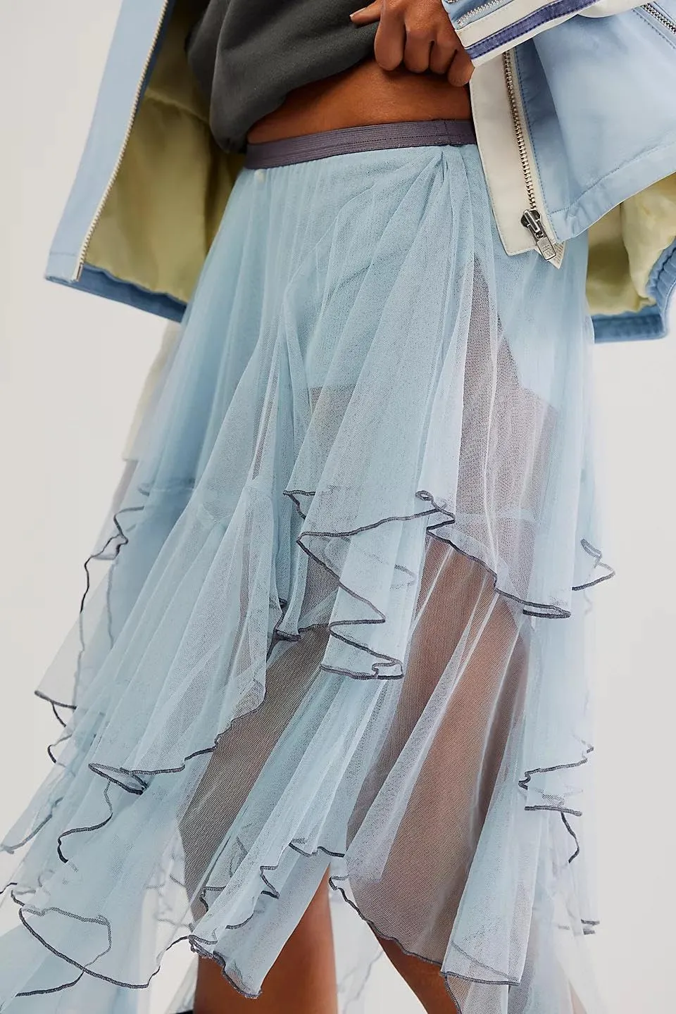 KMBANGI Women’s Mesh Lace Long Skirt Asymmetrical Layered Ruffle Maxi Skirts Flowy Y2k See Through Midi Skirt Summer