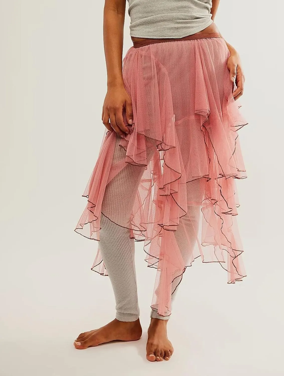 KMBANGI Women’s Mesh Lace Long Skirt Asymmetrical Layered Ruffle Maxi Skirts Flowy Y2k See Through Midi Skirt Summer