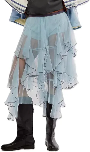 KMBANGI Women’s Mesh Lace Long Skirt Asymmetrical Layered Ruffle Maxi Skirts Flowy Y2k See Through Midi Skirt Summer