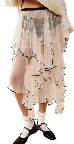 KMBANGI Women’s Mesh Lace Long Skirt Asymmetrical Layered Ruffle Maxi Skirts Flowy Y2k See Through Midi Skirt Summer