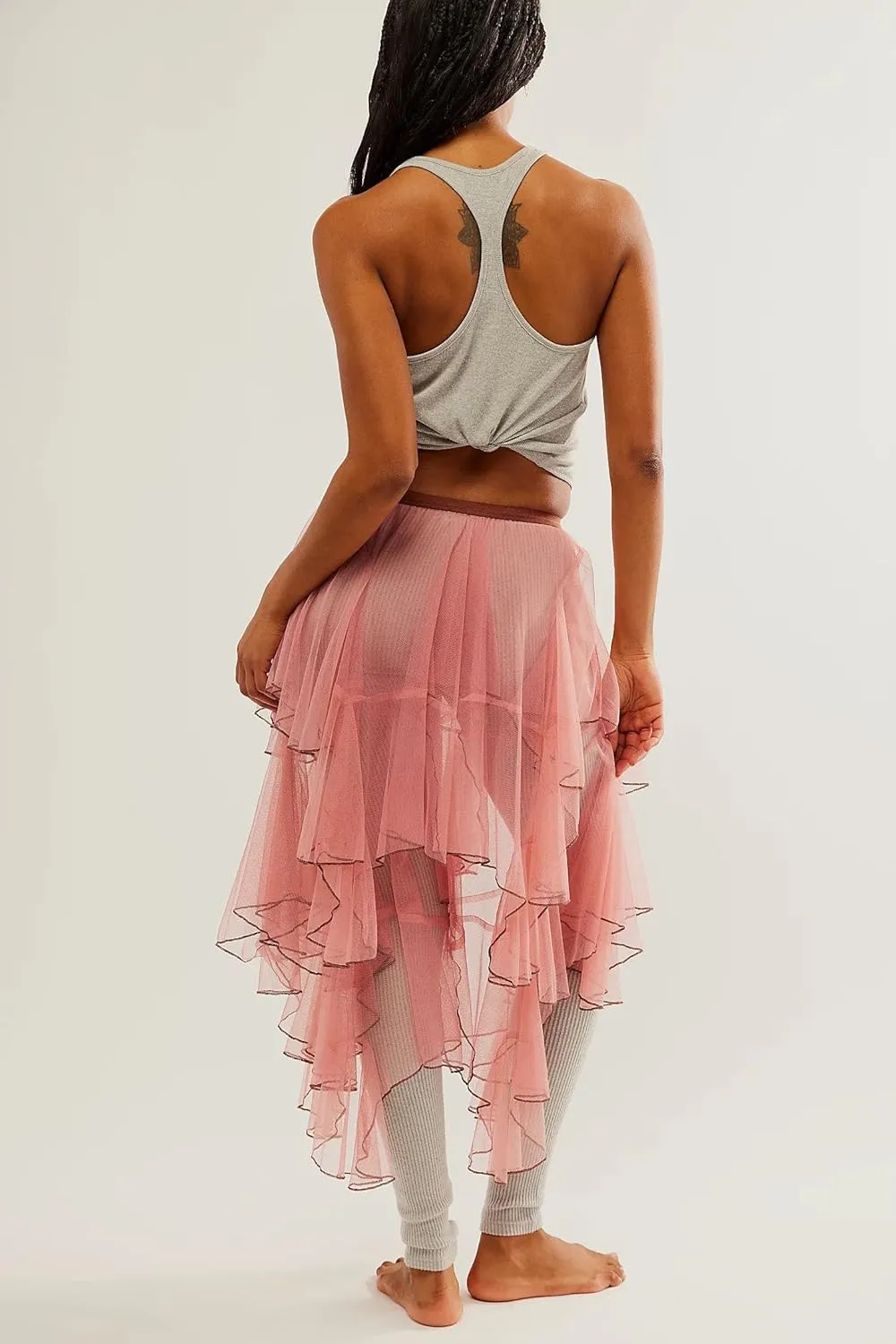 KMBANGI Women’s Mesh Lace Long Skirt Asymmetrical Layered Ruffle Maxi Skirts Flowy Y2k See Through Midi Skirt Summer