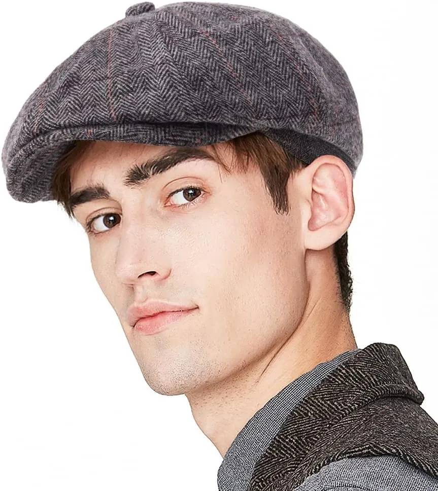 LADYBRO 8 Panel Newsboy Hats for Men Cap Cabbie Irish Adjustable Wool Blend Tweed Retro