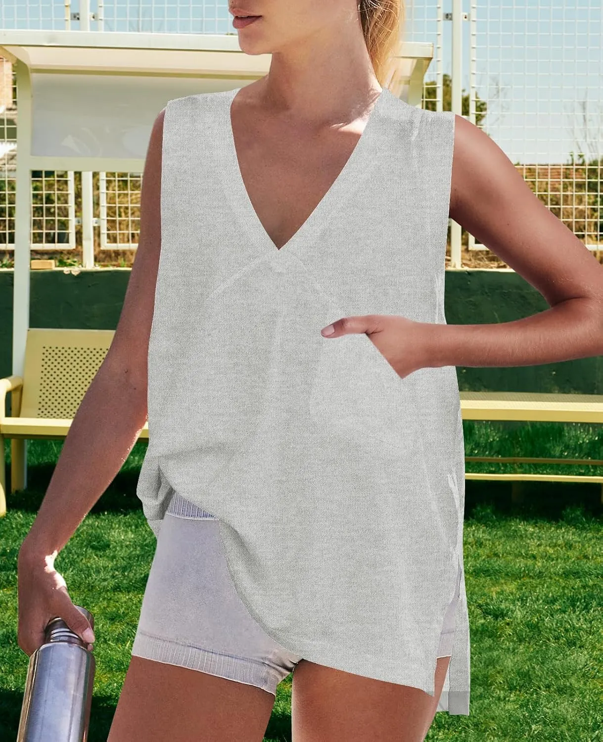 LAMISSCHE Workout Tank Tops Women Oversized Tee Shirts Sleeveless Side Slits V Neck T Shirts with Front Pockets