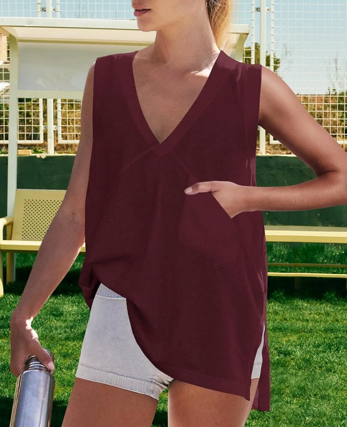 LAMISSCHE Workout Tank Tops Women Oversized Tee Shirts Sleeveless Side Slits V Neck T Shirts with Front Pockets