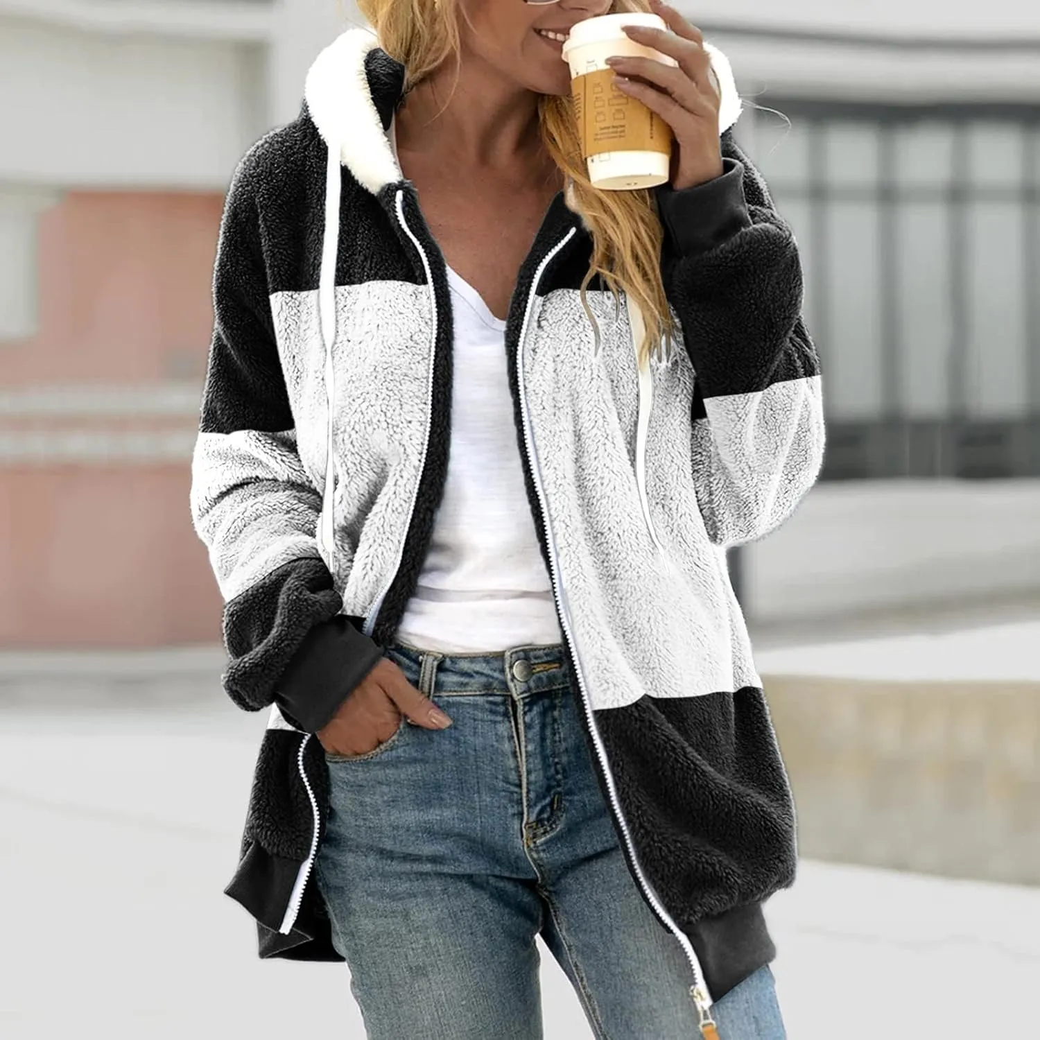 LCMTWX Winter Coats for Women 2023 Trendy Cute Hooded Pullover Sweatershirt Solid Artificial Full Zip Long Sleeve Casual