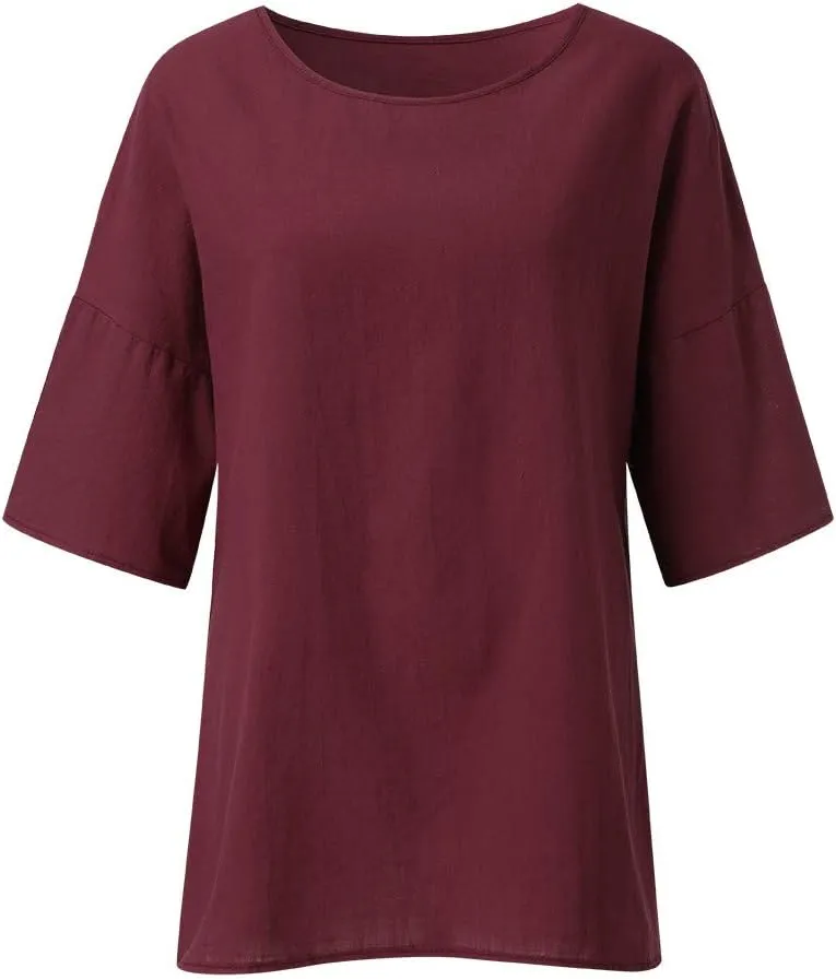 Linen Shirts for Women 3/4 Sleeve Crew Neck Casual Blouse 2024 Oversized Loose Shirt Plus Size Summer Vacation Tees