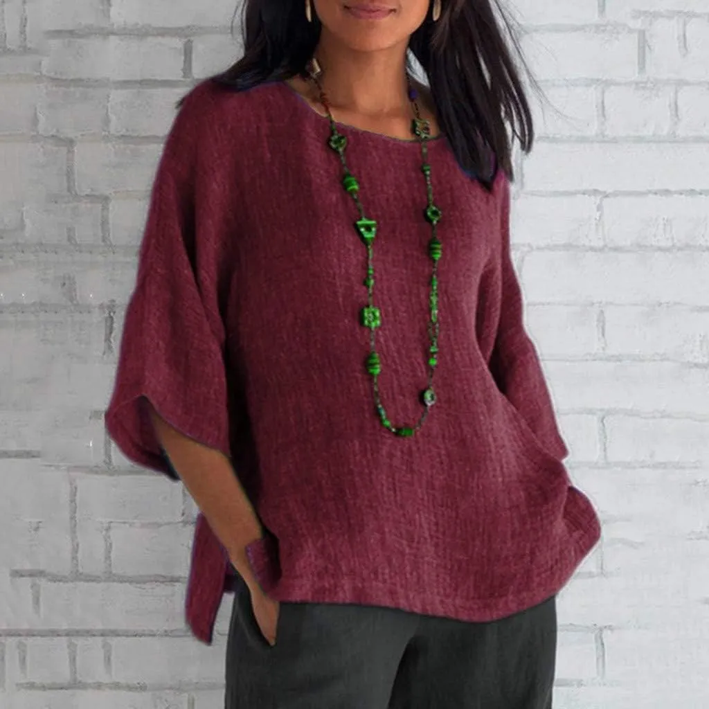 Linen Shirts for Women 3/4 Sleeve Crew Neck Casual Blouse 2024 Oversized Loose Shirt Plus Size Summer Vacation Tees