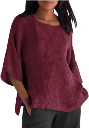 Linen Shirts for Women 3/4 Sleeve Crew Neck Casual Blouse 2024 Oversized Loose Shirt Plus Size Summer Vacation Tees