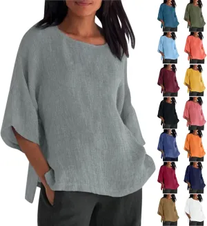 Linen Shirts for Women 3/4 Sleeve Crewneck Oversized T Shirts Loose Casual Blouses Lightweight Trendy Summer Tops