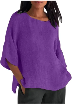 Linen Shirts for Women 3/4 Sleeve Crewneck Oversized T Shirts Loose Casual Blouses Lightweight Trendy Summer Tops