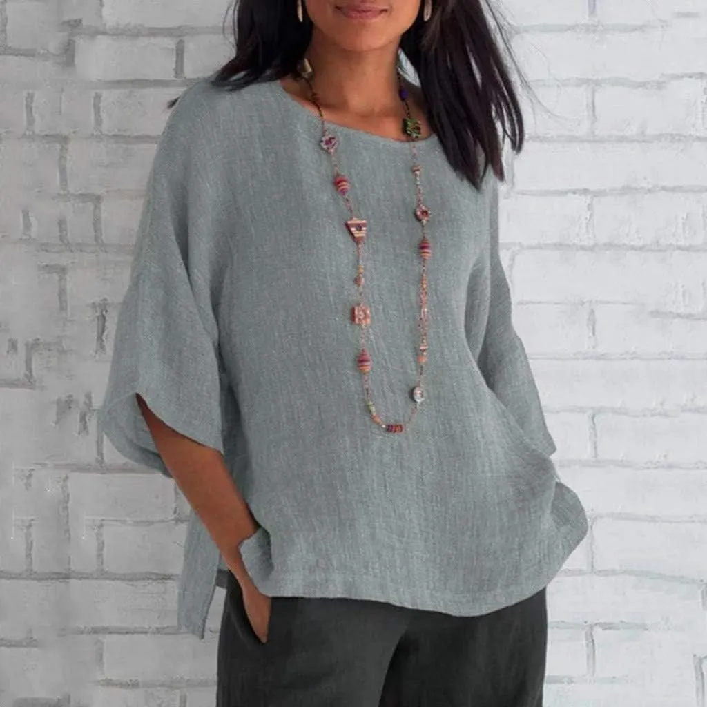 Linen Shirts for Women 3/4 Sleeve Crewneck Oversized T Shirts Loose Casual Blouses Lightweight Trendy Summer Tops