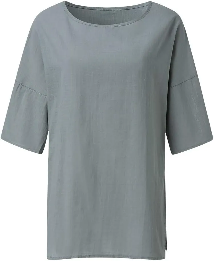Linen Shirts for Women 3/4 Sleeve Crewneck Oversized T Shirts Loose Casual Blouses Lightweight Trendy Summer Tops