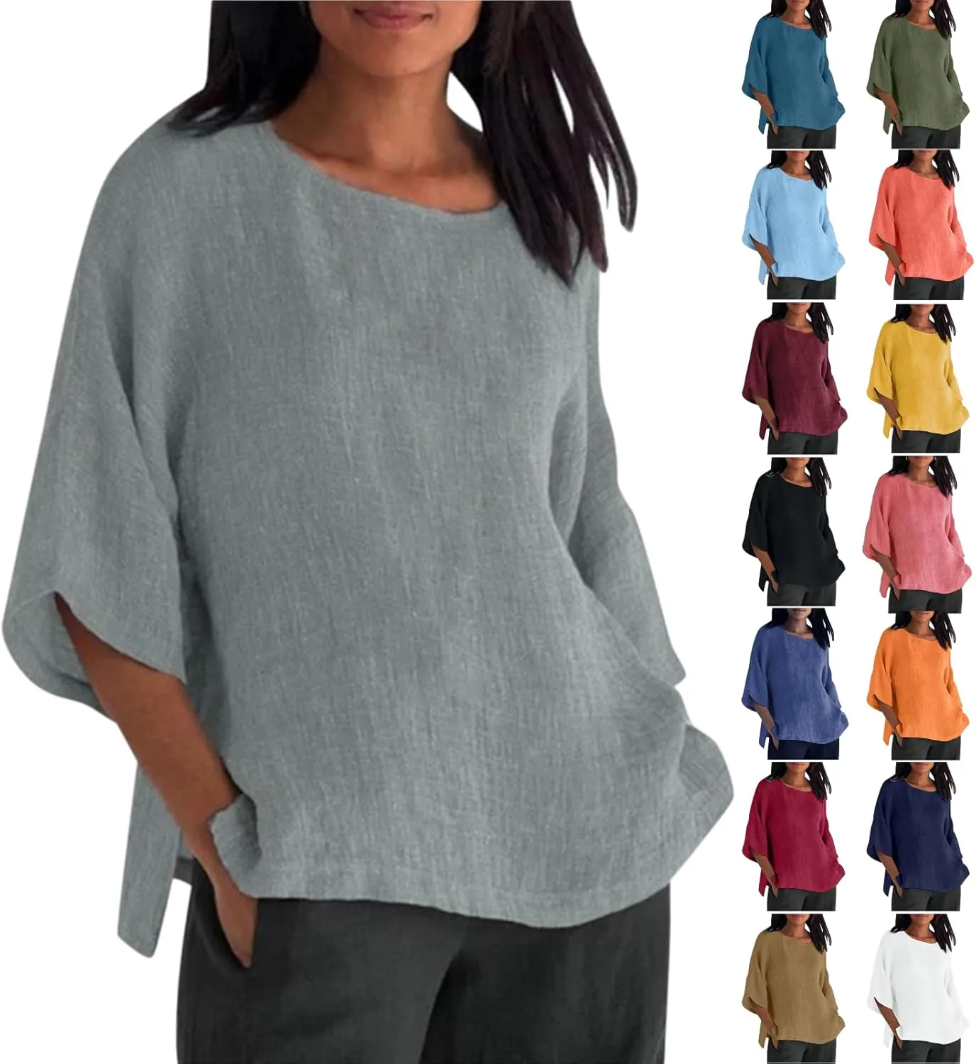 Linen Shirts for Women 3/4 Sleeve Crewneck Oversized T Shirts Loose Casual Blouses Lightweight Trendy Summer Tops