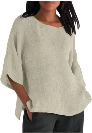Linen Shirts for Women 3/4 Sleeve Crewneck Oversized T Shirts Loose Casual Blouses Lightweight Trendy Summer Tops