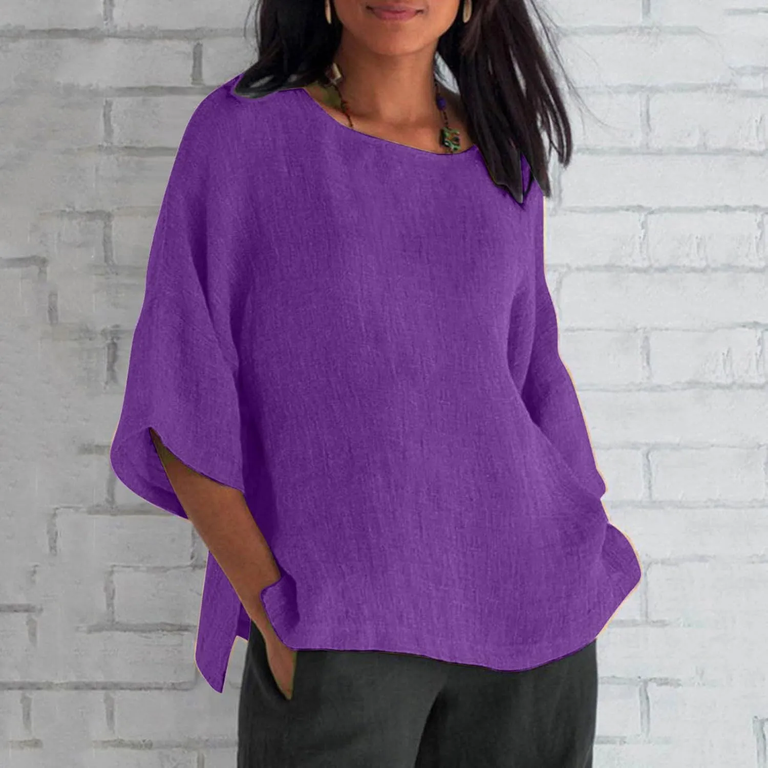Linen Shirts for Women 3/4 Sleeve Crewneck Oversized T Shirts Loose Casual Blouses Lightweight Trendy Summer Tops