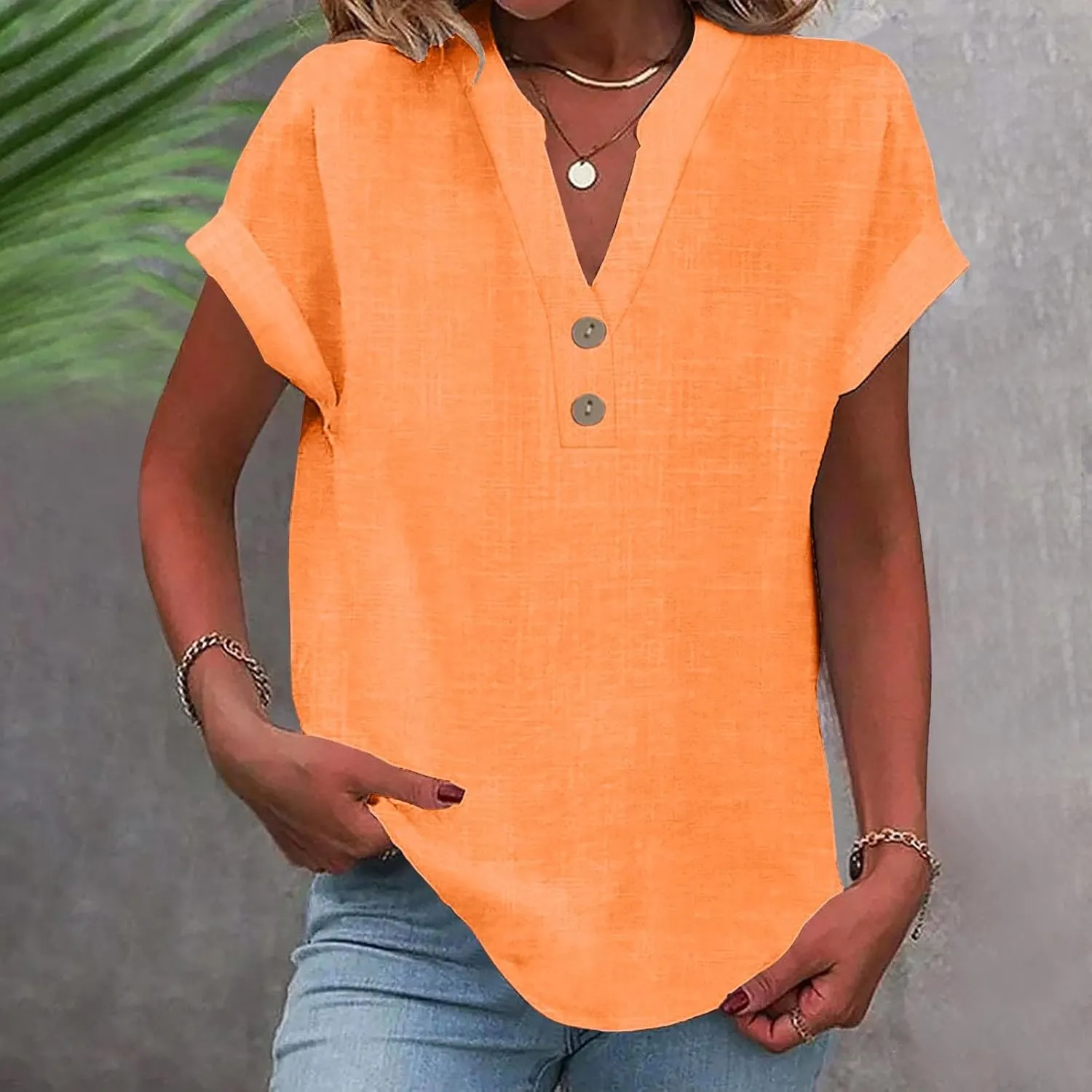 Linen Shirts for Women Loose Fit Vacation Short Sleeve Boho Tops Casual Button Up V Neck T Shirts Solid Summer Blouse