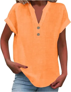 Linen Shirts for Women Loose Fit Vacation Short Sleeve Boho Tops Casual Button Up V Neck T Shirts Solid Summer Blouse