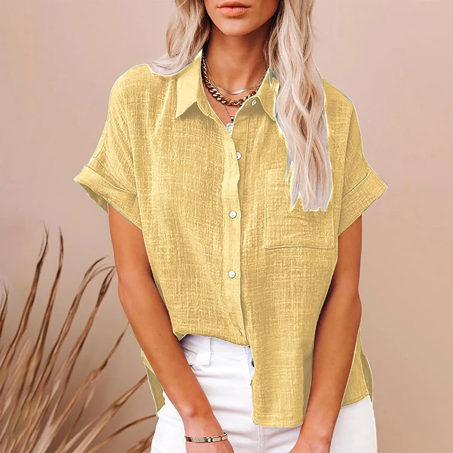 Linen Shirts for Women Short Sleeve Button Down Collared Tops Loose Fit Tunic Comfy Casual Summer Blouses Tshirt