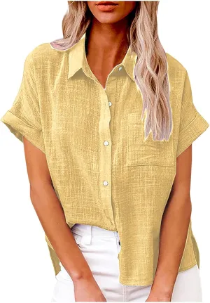 Linen Shirts for Women Short Sleeve Button Down Collared Tops Loose Fit Tunic Comfy Casual Summer Blouses Tshirt