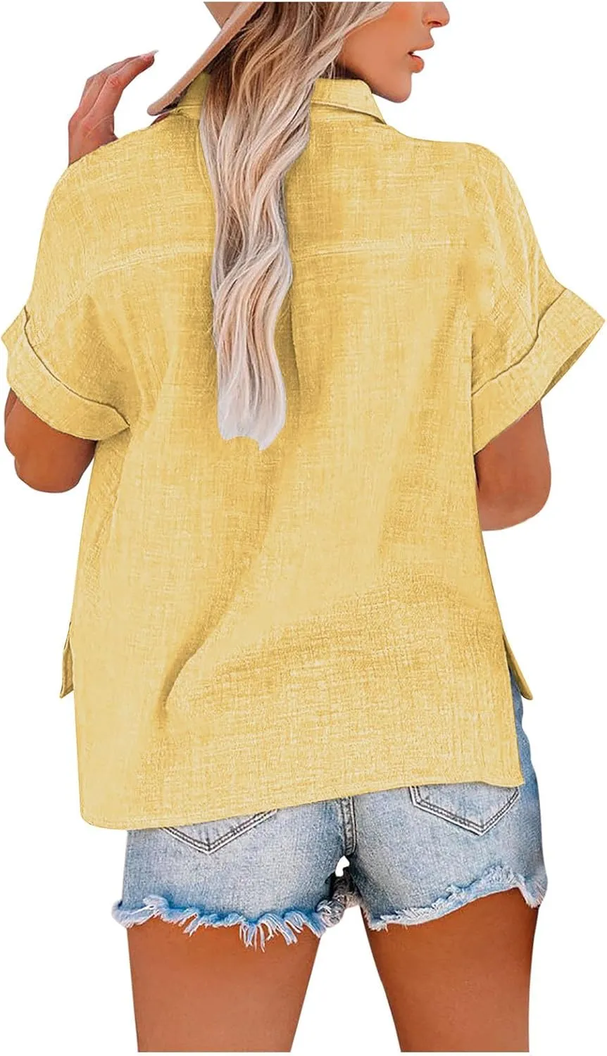 Linen Shirts for Women Short Sleeve Button Down Collared Tops Loose Fit Tunic Comfy Casual Summer Blouses Tshirt