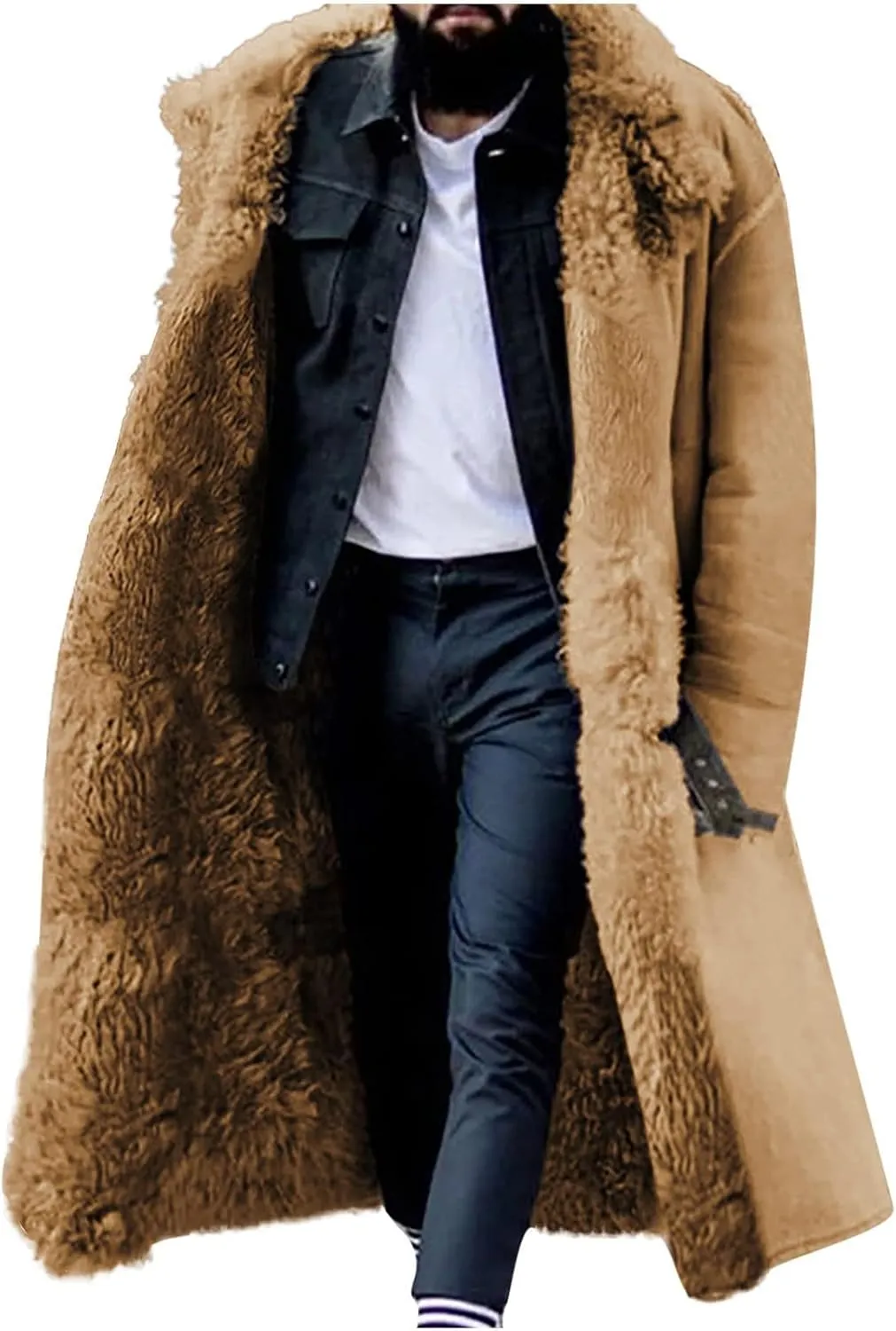 Long Shearling Jacket Men Fleece Faux Leather Fur Coat Suede Sherpa Lined Sheepskin Jacket Full Length Trench Coats