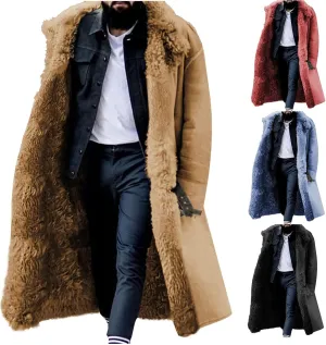 Long Shearling Jacket Men Fleece Faux Leather Fur Coat Suede Sherpa Lined Sheepskin Jacket Full Length Trench Coats
