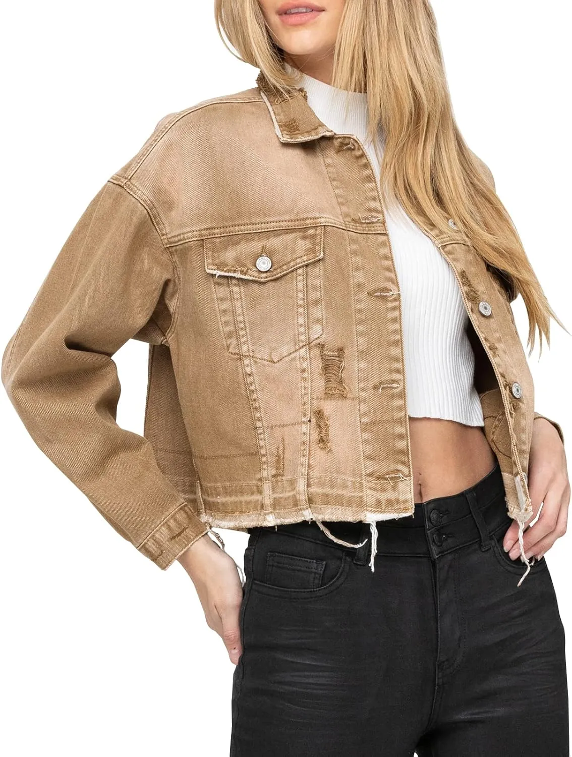 LONGYIDA Denim Jackets for Women Button Down Cropped Frayed Jean Jacket Long Sleeve Distressed Ripped Denim Jacket Coat