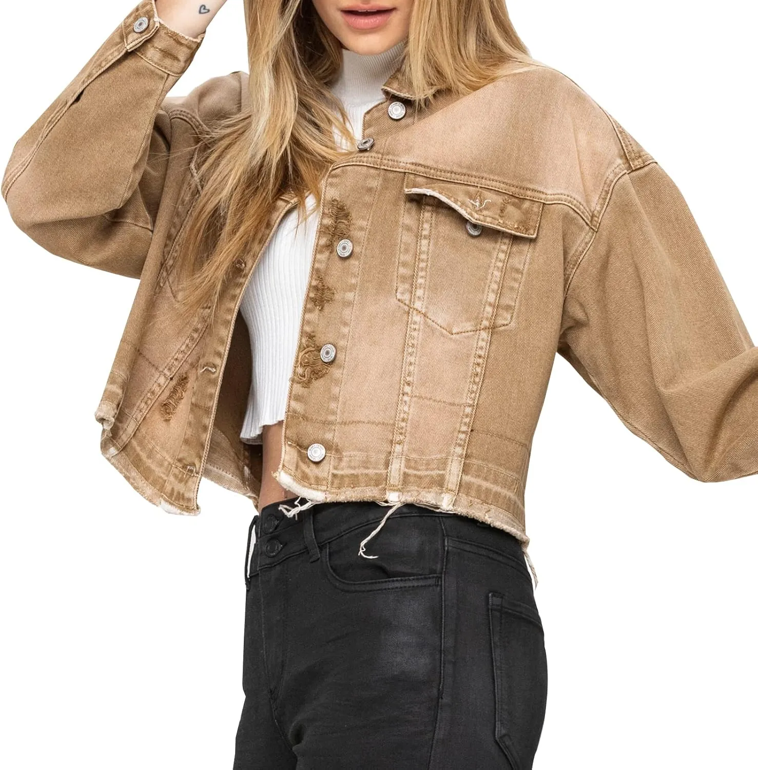 LONGYIDA Denim Jackets for Women Button Down Cropped Frayed Jean Jacket Long Sleeve Distressed Ripped Denim Jacket Coat
