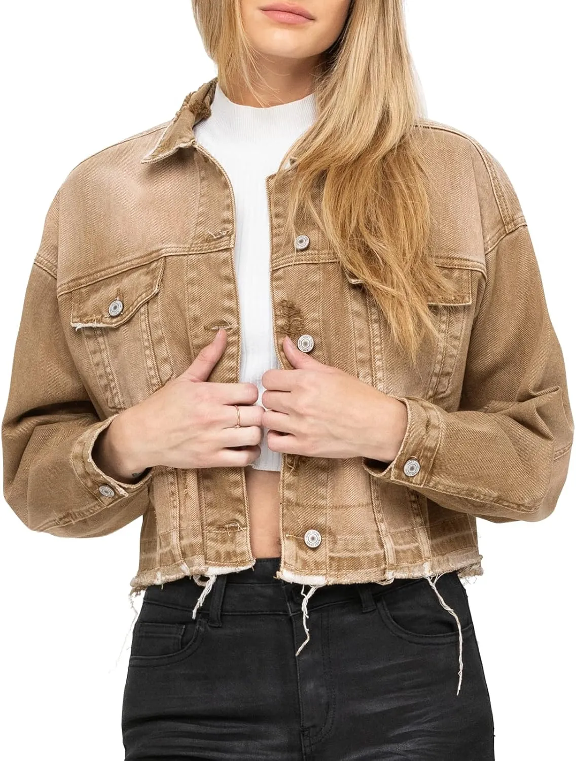 LONGYIDA Denim Jackets for Women Button Down Cropped Frayed Jean Jacket Long Sleeve Distressed Ripped Denim Jacket Coat