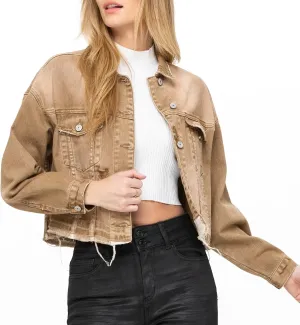 LONGYIDA Denim Jackets for Women Button Down Cropped Frayed Jean Jacket Long Sleeve Distressed Ripped Denim Jacket Coat