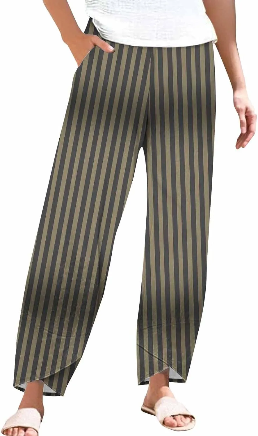 Loose Casual Capri Cotton Pants Women Casual Striped Linen Trousers High Waist Elastic Lounge Beach