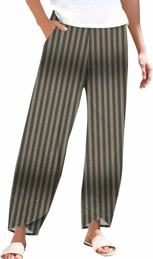 Loose Casual Capri Cotton Pants Women Casual Striped Linen Trousers High Waist Elastic Lounge Beach