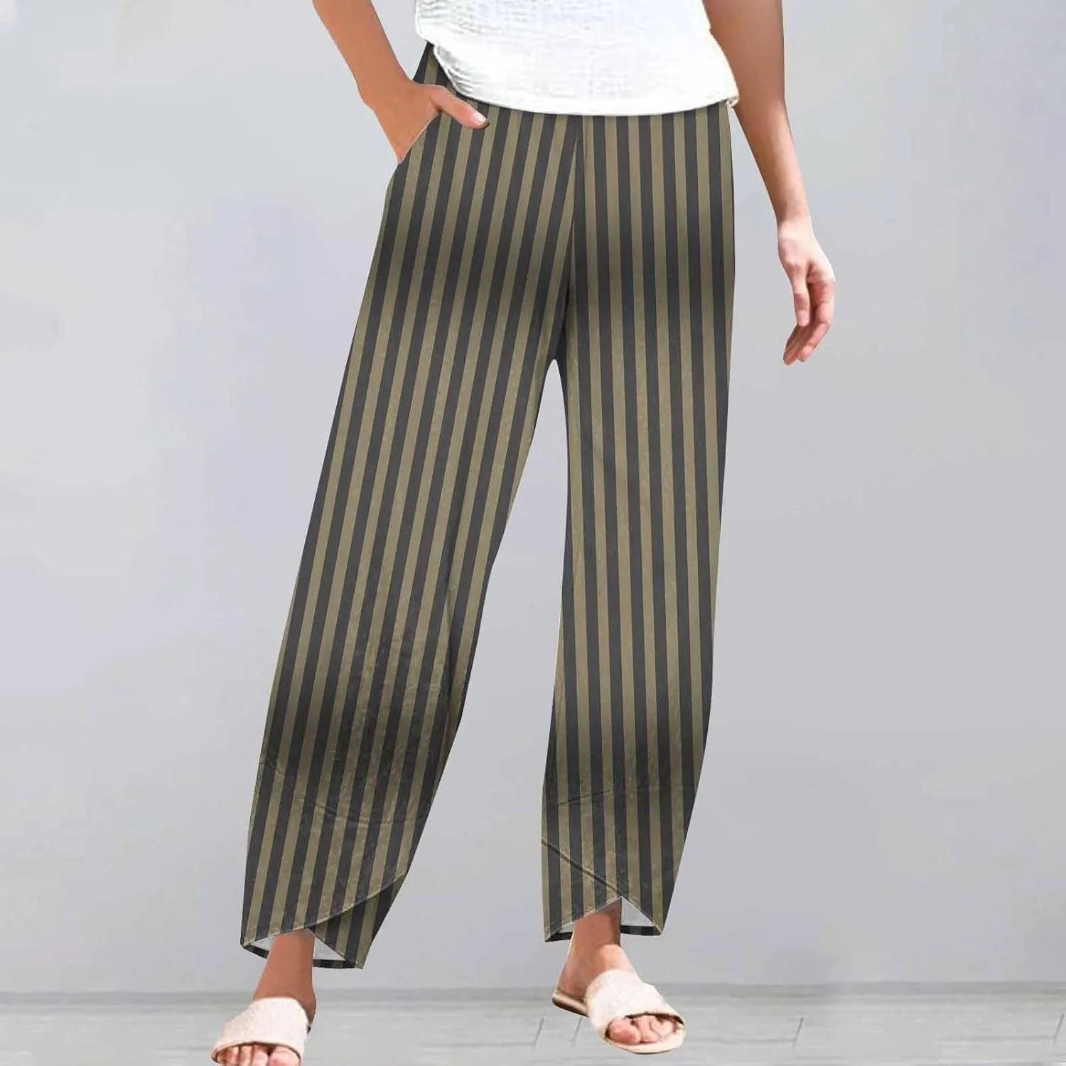 Loose Casual Capri Cotton Pants Women Casual Striped Linen Trousers High Waist Elastic Lounge Beach