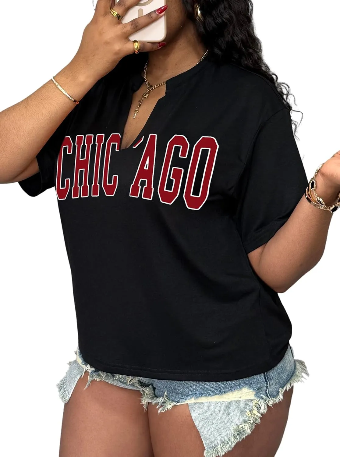 LovelyWholesale Womens Graphic Tees V Neck Short Sleeve T Shirt Loose Casual Summer Tops
