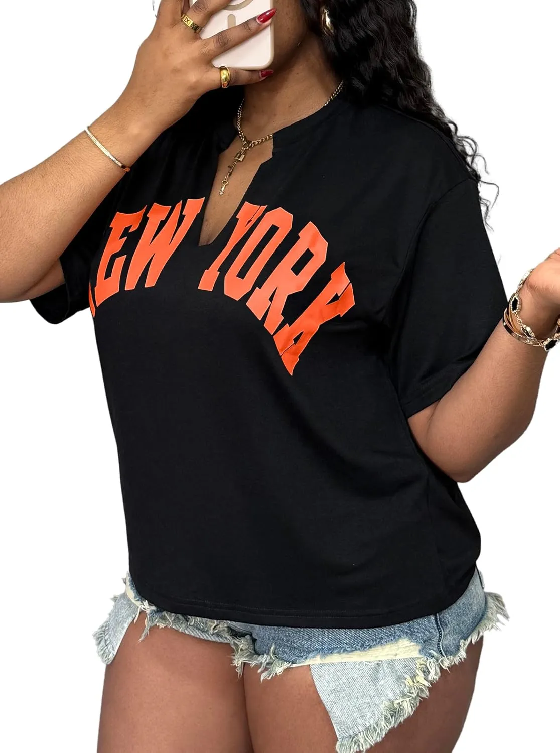 LovelyWholesale Womens Graphic Tees V Neck Short Sleeve T Shirt Loose Casual Summer Tops