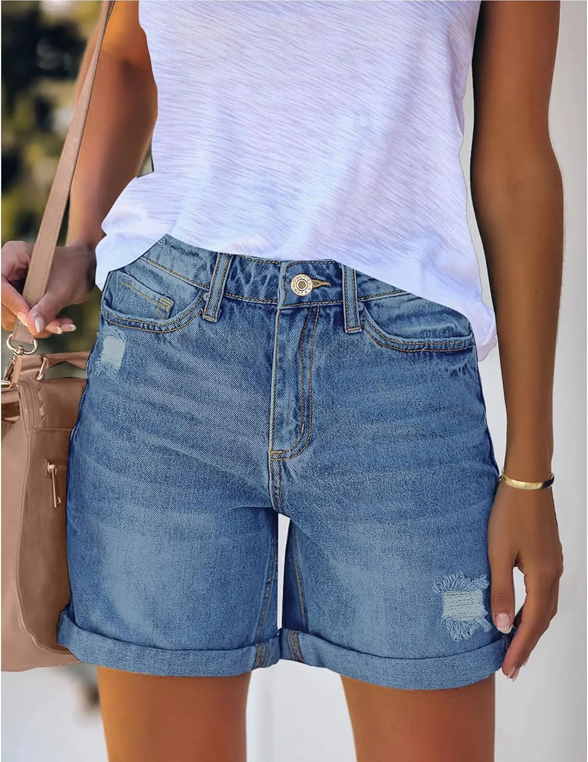 luvamia Women's Casual Ripped Denim Shorts High Rise Distressed Rolled Hem Jeans Shorts