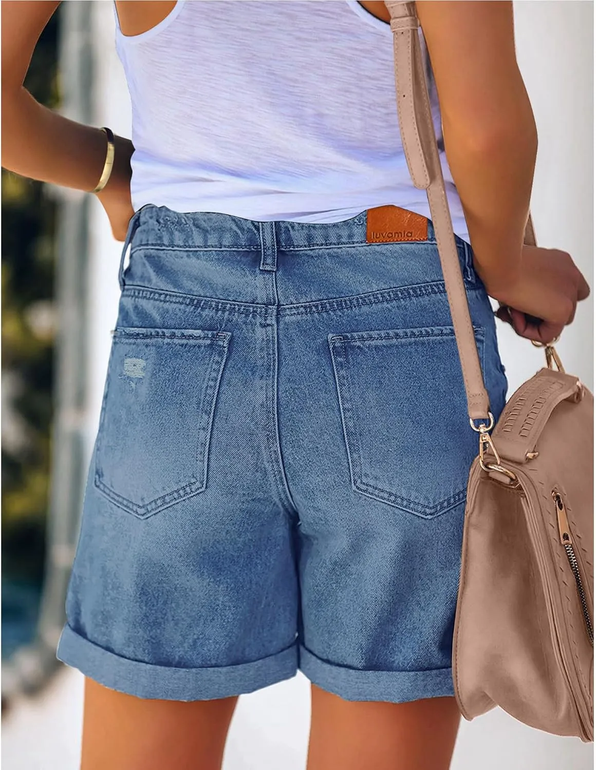 luvamia Women's Casual Ripped Denim Shorts High Rise Distressed Rolled Hem Jeans Shorts
