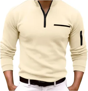 Male Shirt Quarter Zip Work Daily Wear Long Sleeve Fashion Comfortable Plain Pocket Regular Fit Top T Shirt V