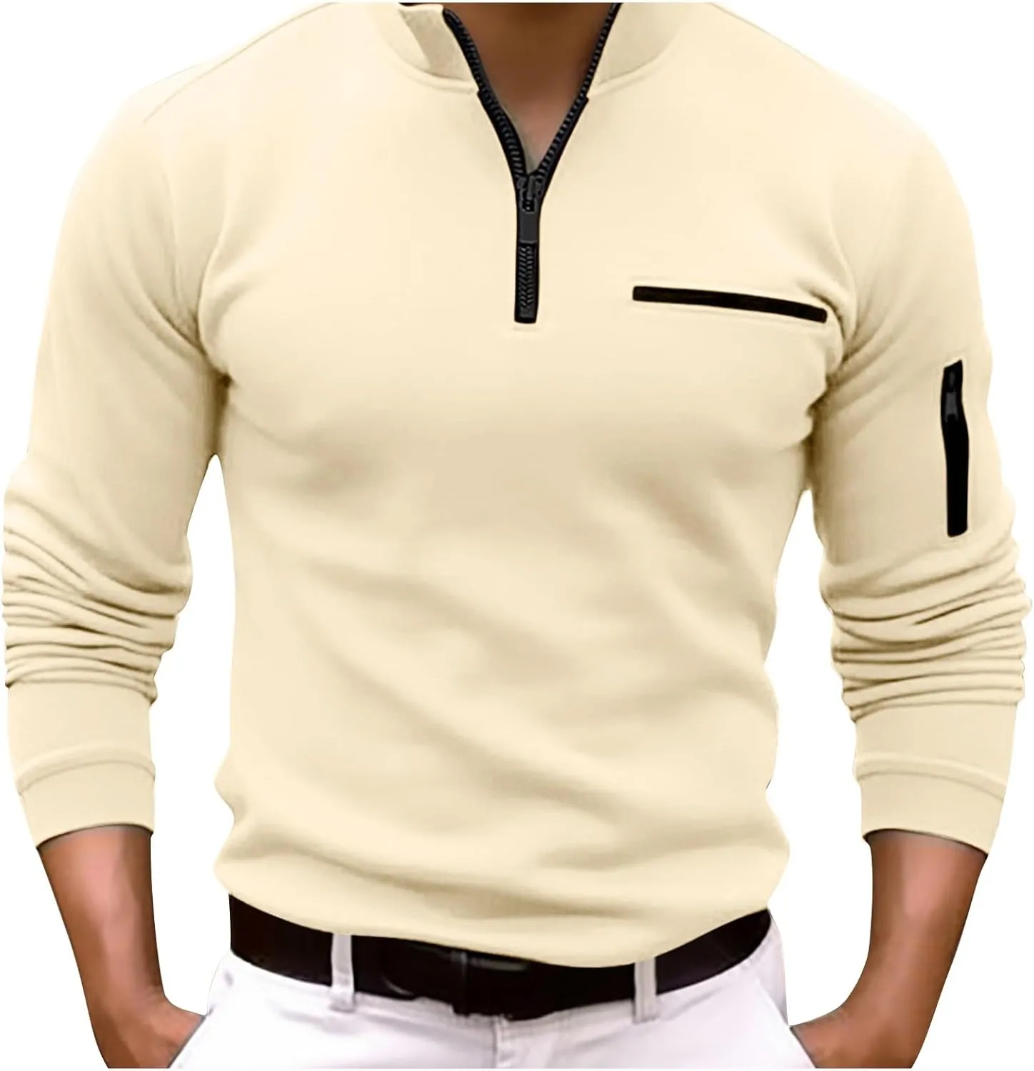 Male Shirt Quarter Zip Work Daily Wear Long Sleeve Fashion Comfortable Plain Pocket Regular Fit Top T Shirt V
