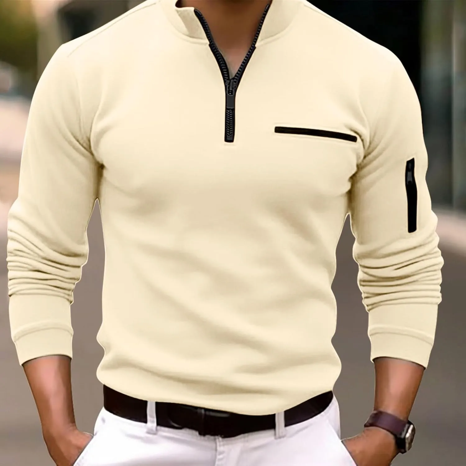 Male Shirt Quarter Zip Work Daily Wear Long Sleeve Fashion Comfortable Plain Pocket Regular Fit Top T Shirt V