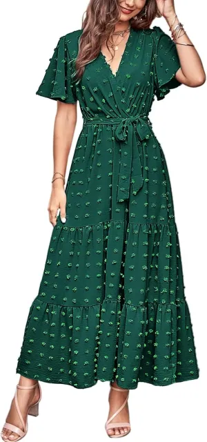 MASCOMODA Womens Summer Swiss Dot Maxi Dressses Wrap V Neck Flutter Short Sleeve Boho Casual Flowy Long Wedding Guest Dress